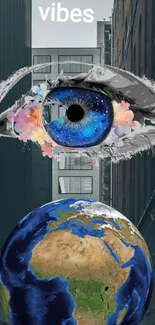 Artistic wallpaper with a cosmic eye and Earth set against an urban backdrop.