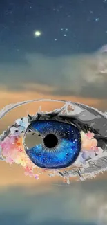 Stylized blue eye with cosmic elements and floral accents against a dreamlike sky.