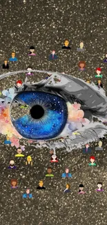 Artistic wallpaper featuring a cosmic blue eye with characters on a golden background.