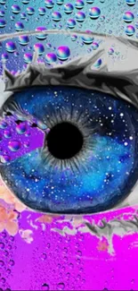 Surreal cosmic eye wallpaper with blue and purple hues, floral and galaxy elements.