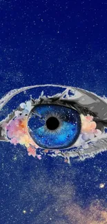 Fantasy wallpaper with blue cosmic eye and flowers on a starry background.