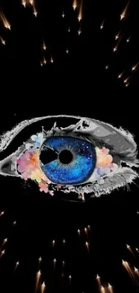 Eye with cosmic design and flowers on black background.