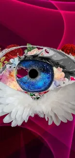 Vibrant cosmic eye with flowers and wings on a pink background.