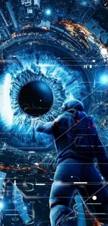 Astronaut facing a cosmic blue eye in a futuristic cityscape.