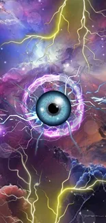 Surreal cosmic eye with lightning in colorful galaxy.