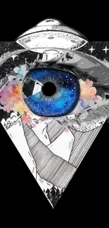 Surreal cosmic eye with UFO and stars in vibrant digital art.