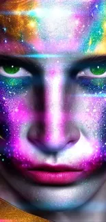 Cosmic face in neon colors with galaxy style art and vibrant design.