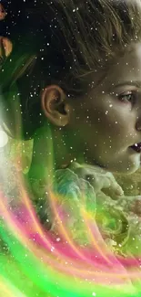 Cosmic fantasy art wallpaper with swirling colors and a dreamy portrait.