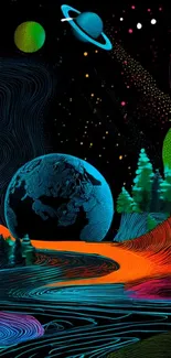 Abstract cosmic landscape with vibrant planets and stars