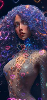 Mystical figure with glowing hair in fantasy cosmic wallpaper.