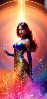 Vibrant cosmic fantasy wallpaper featuring a mystical figure with striking colors.