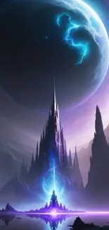 Fantasy landscape with cosmic moonlight and towering spires in deep hues.