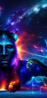 Fantasy cosmic lion with vibrant neon galaxy backdrop.