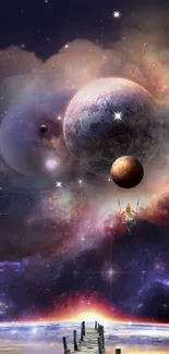 Fantasy space wallpaper with planets and nebula in vibrant colors.