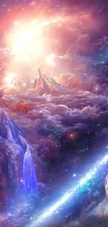 Ethereal cosmic scene with vibrant colors and planets in a fantasy universe.