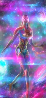 Ethereal figure floating in vibrant cosmic galaxy wallpaper.