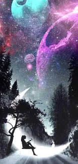 Fantasy nightscape with galaxies and silhouetted figure.