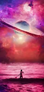 Fantasy cosmic wallpaper with planet above ocean in vibrant purple and pink hues.