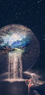 Ethereal fantasy wallpaper with cosmic waterfall and celestial landscape.