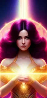 Fantasy wallpaper with cosmic woman in purple and gold hues, radiating vibrant energy.