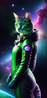 A neon-clad cat astronaut explores the cosmic expanse in a vibrant space scene.