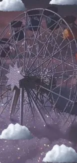 Enchanting ferris wheel with clouds in a cosmic night sky.