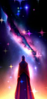 Vibrant cosmic scene with starry sky and mysterious cloaked figure.