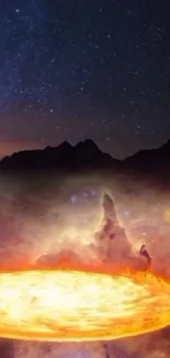 Night sky with a cosmic fire ring and mountain silhouette mobile wallpaper.