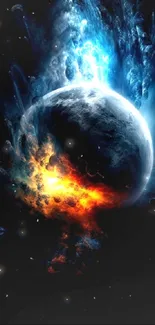 Dynamic wallpaper of a planet with cosmic fire and ice effects.