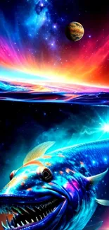 Vibrant cosmic wallpaper with galaxy fish and planets.