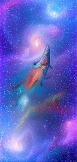 Colorful fish swimming in a galaxy-themed wallpaper with vibrant stars.