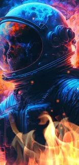 Astronaut engulfed in cosmic flames with vibrant blue and orange hues.