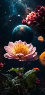 Surreal wallpaper with flowers and cosmic backdrop, featuring stars and planets.