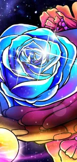 Colorful cosmic art with a glowing blue rose, surrounded by hands and flowers.