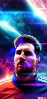 Vibrant cosmic football star wallpaper with neon and galaxy elements.