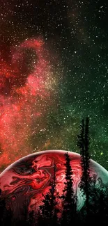 Mobile wallpaper with a cosmic red and green sky over shadows of forest trees.