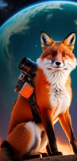 Fox with camera in space, cosmic background, fiery planet, adventure theme.