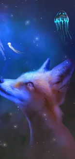 Fox gazing at glowing jellyfish in a cosmic night scene.