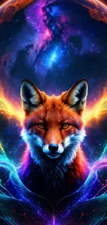 Vivid cosmic fox facing forward with colorful galaxy background.