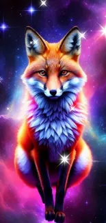 A vibrant fox amidst a cosmic galaxy scene, with purple and pink hues.