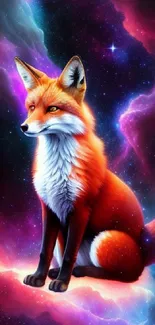 A majestic fox in a cosmic galaxy scene, surrounded by vibrant colors and stars.