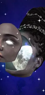 Surreal art wallpaper of face blended with moon on a dark blue background.