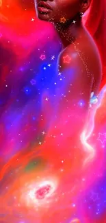 Vibrant cosmic fusion digital art wallpaper with neon colors and a celestial theme.