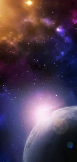 A vibrant space scene with galaxy and planet, featuring purples and blues.