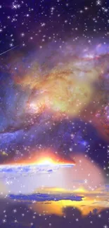 Vibrant galaxy wallpaper with stars and glowing cosmic clouds.