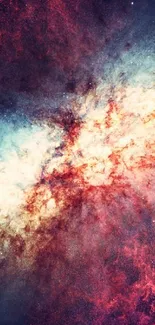 A vibrant cosmic galaxy explosion with dark blue and red hues, perfect for mobile wallpapers.