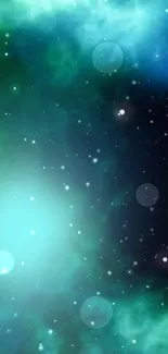 Vibrant cosmic galaxy wallpaper with blues and greens.