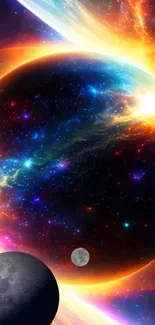 Vibrant cosmic galaxy wallpaper with colorful space elements.