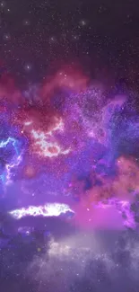 Vibrant cosmic galaxy nebula wallpaper with purple and blue hues.