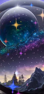 Cosmic galaxy wallpaper with stars and celestial landscape.